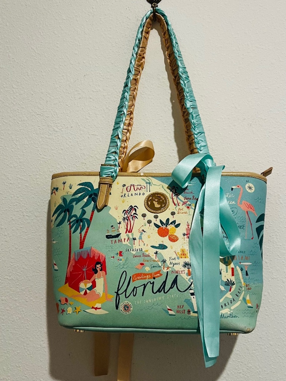 Spartina 449 Retired Florida Map Tote Mermaid Satin Ribbon Handles